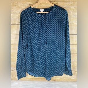 J. Crew Henley Blouse Top Long Sleeve Navy Green Printed Size L Womens